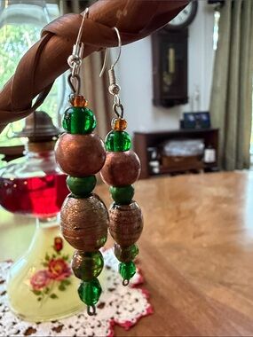 Green and Copper Artisan Beaded Dangle Earrings